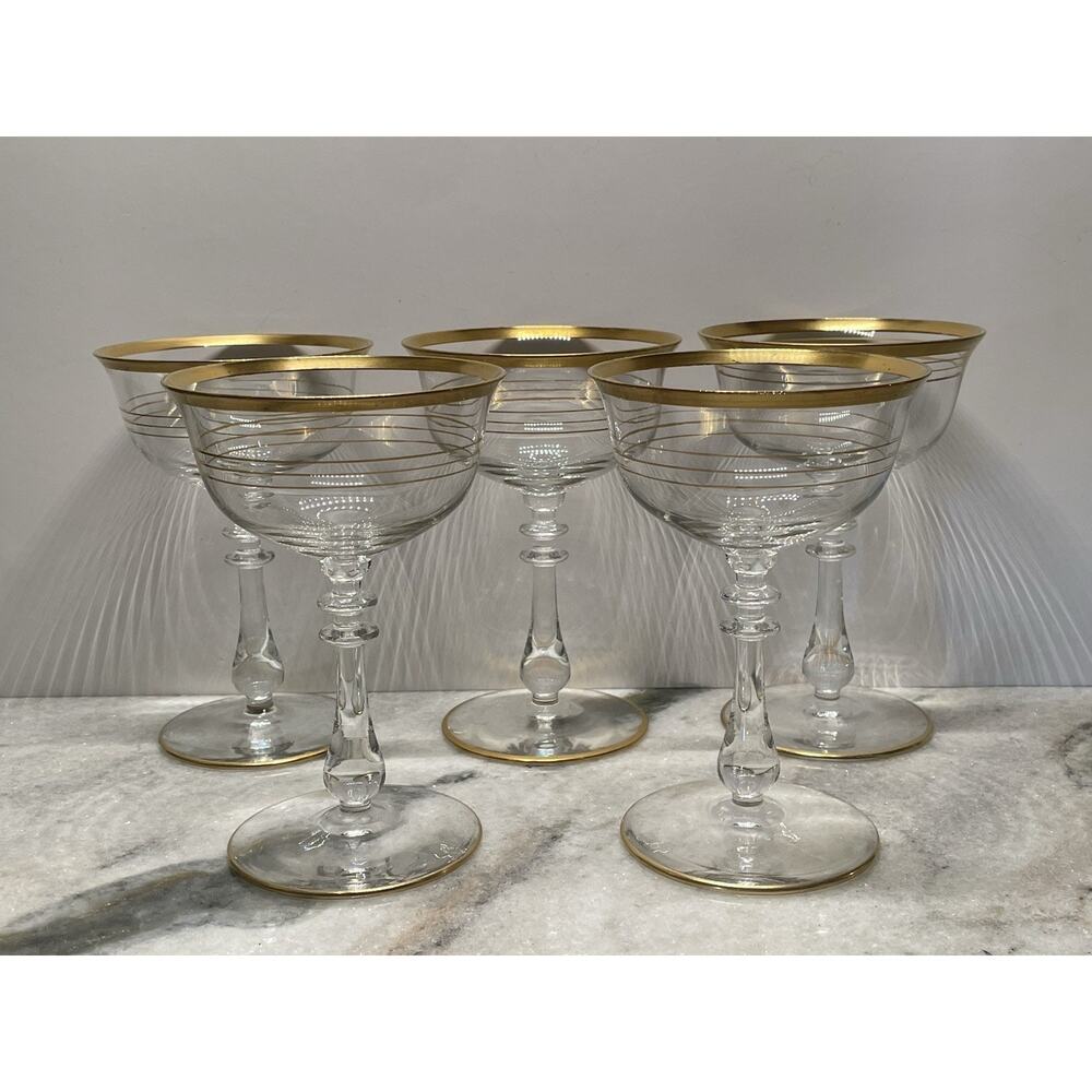 5 Glastonbury Lotus Gold Band Liquor Cocktail Sherbet Glasses Blown Glass
